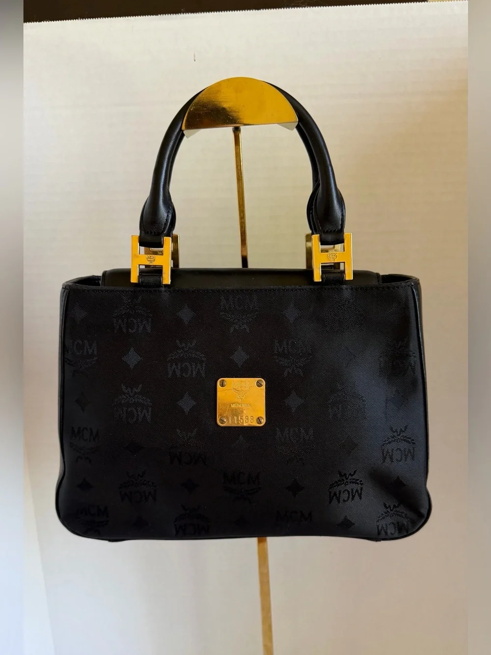 MCM Black canvas Logo Plaque Top-Handle Bag